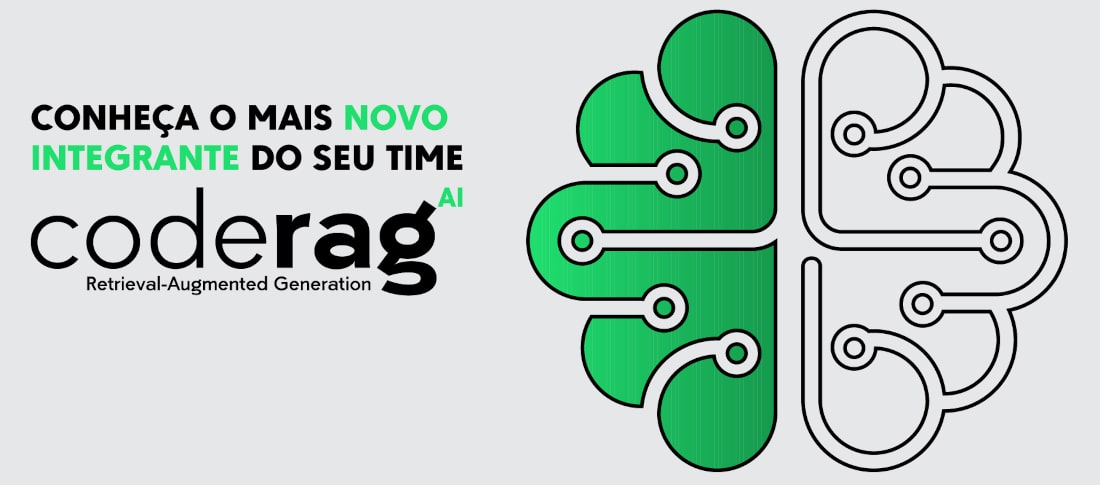 Banner de fundo preto, com efeito de ruído. No lado esquerdo, o texto: Conheça o mais novo integrante do seu time! Abaixo, o nome do logo do CodeRag AI Retrieval-Augmented Generation. Na parte inferior esquerda, o botão Saiba Mais direcionando para a página do CodeRag. No lado direito, o logo do CodeRag. Fim da descrição.