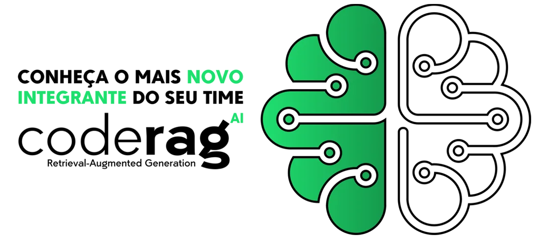Banner de fundo preto, com efeito de ruído. No lado esquerdo, o texto: Conheça o mais novo integrante do seu time! Abaixo, o nome do logo do CodeRag AI Retrieval-Augmented Generation. Na parte inferior esquerda, o botão Saiba Mais direcionando para a página do CodeRag. No lado direito, o logo do CodeRag. Fim da descrição.
