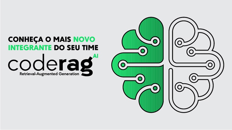 Banner de fundo preto, com efeito de ruído. No lado esquerdo, o texto: Conheça o mais novo integrante do seu time! Abaixo, o nome do logo do CodeRag AI Retrieval-Augmented Generation. Na parte inferior esquerda, o botão Saiba Mais direcionando para a página do CodeRag. No lado direito, o logo do CodeRag. Fim da descrição.