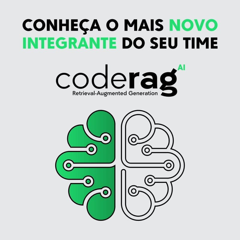 Banner de fundo preto, com efeito de ruído. No lado esquerdo, o texto: Conheça o mais novo integrante do seu time! Abaixo, o nome do logo do CodeRag AI Retrieval-Augmented Generation. Na parte inferior esquerda, o botão Saiba Mais direcionando para a página do CodeRag. No lado direito, o logo do CodeRag. Fim da descrição.